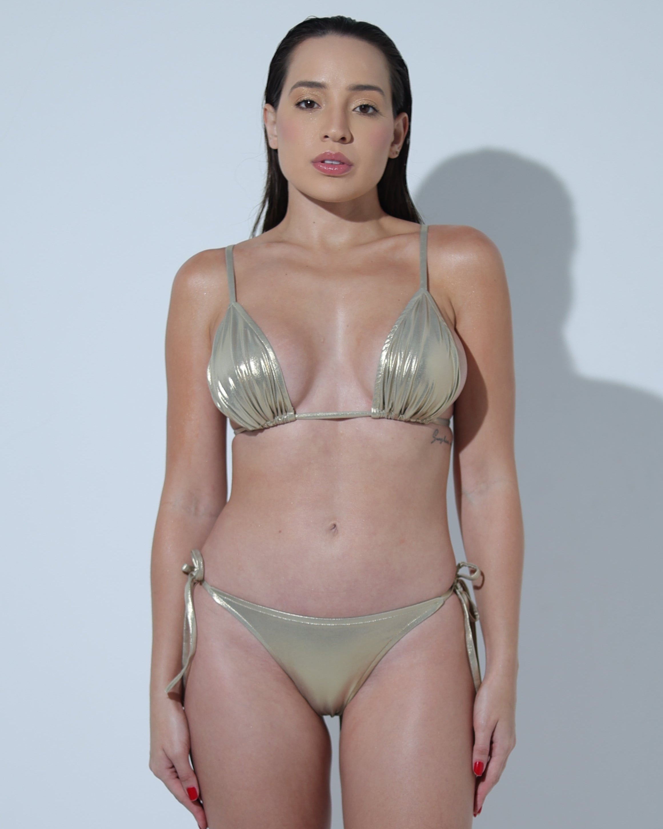 TOP CELESTE DOURADO CETIM + CALCINHA LACINHO CELESTE CETIM DOURADO