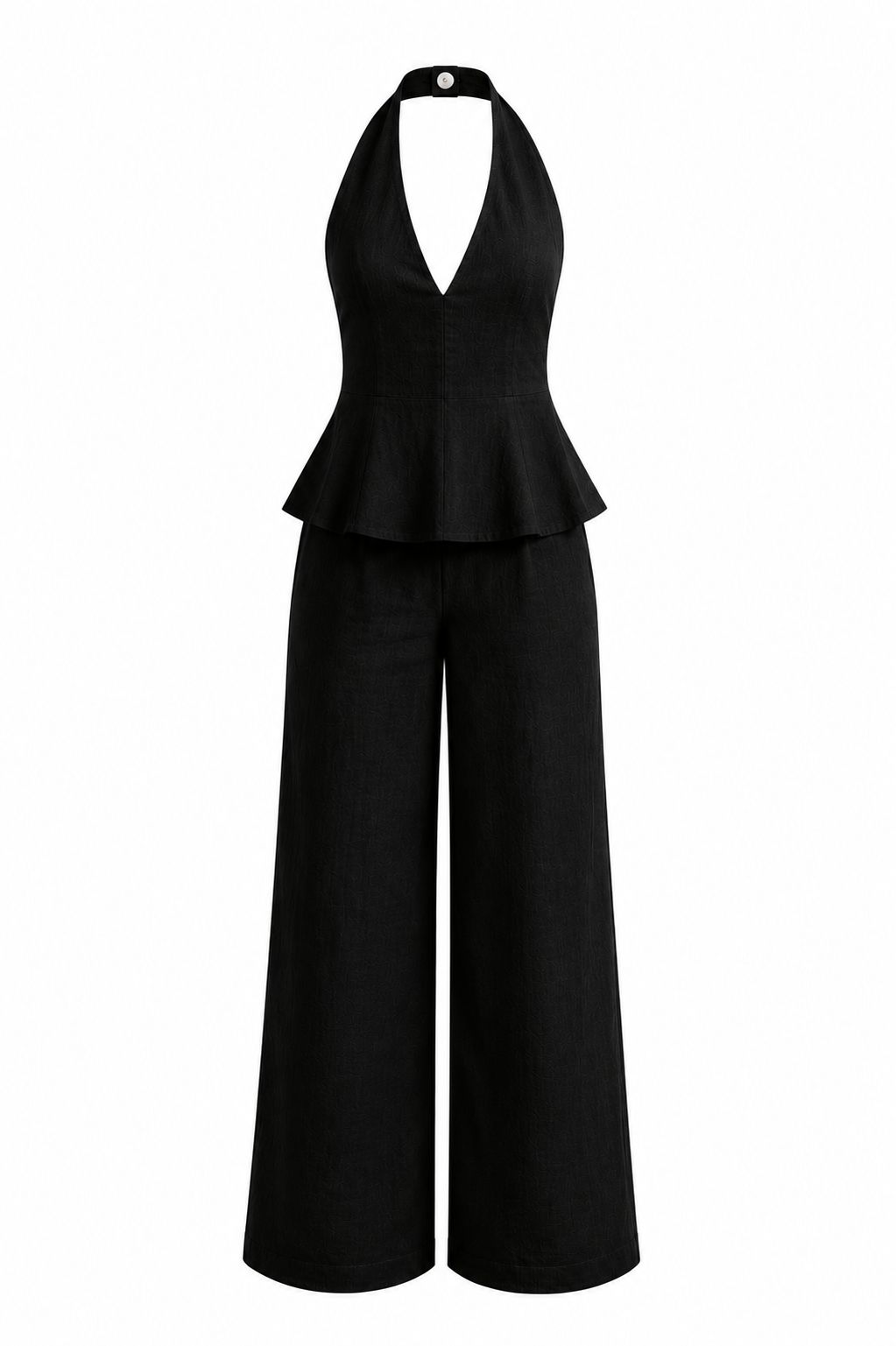 BLUSA PEPLUM PURO LINHO PRETA + CALÇA PURO LINHO PRETA