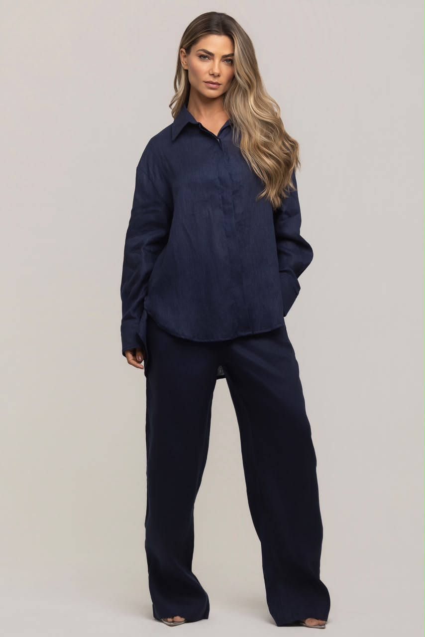 CALÇA PURO LINHO AZUL
